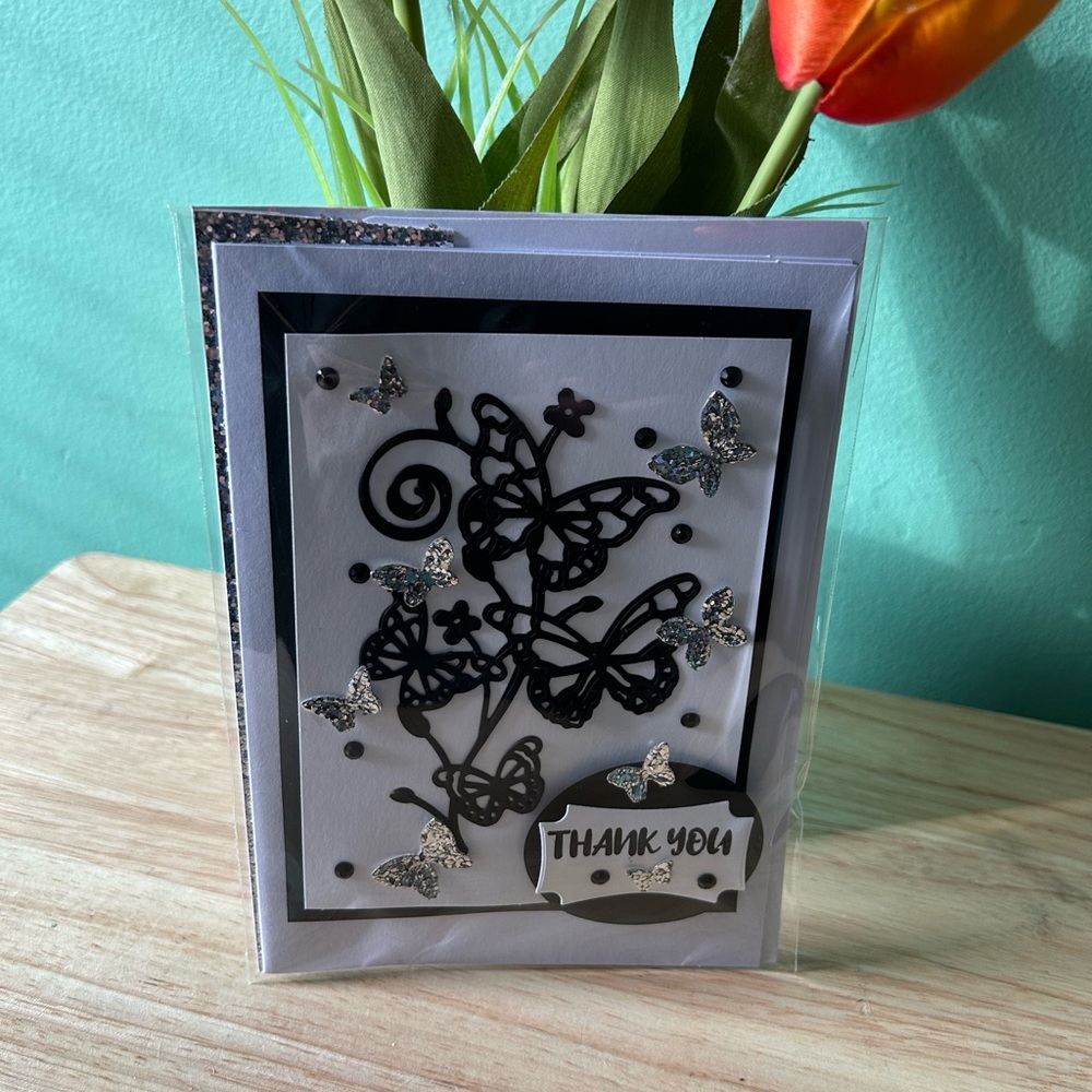 Chic Black and Silver Butterfly Thank You Card